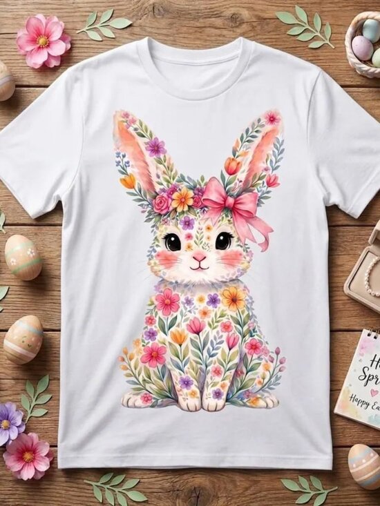 Tops - Graphic Floral Bunny Easter Shirt Gift, Spring Rabbit Tee